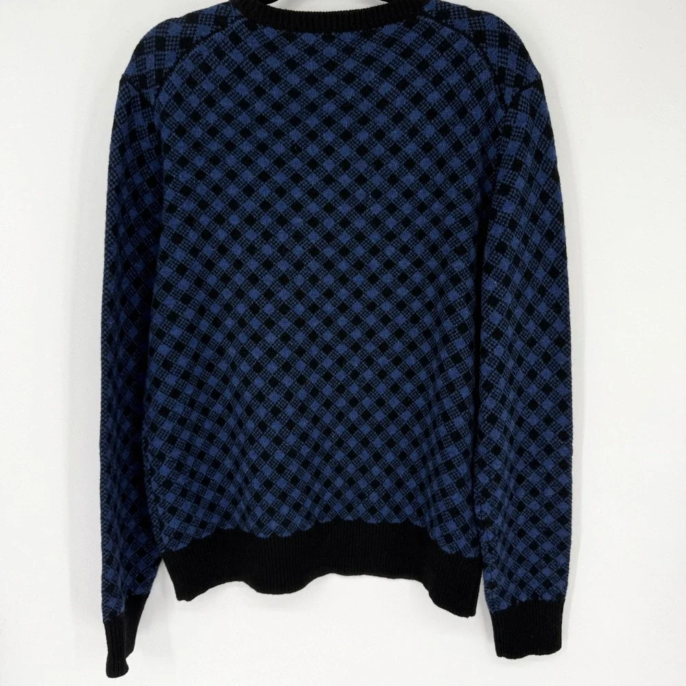 J Crew Sweater Mens Large Blue Black 100% Lambswool Crewneck‎ Argyle Check Knit
